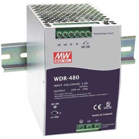 WDR-480 MeanWell Din Rail Power Supply 480W Voltages 24V 48V