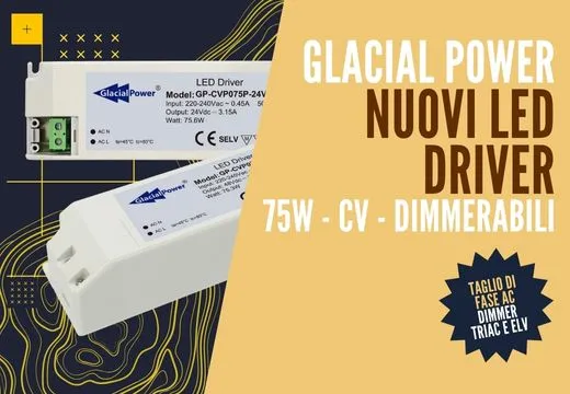 New Glacial Power GP-CVP075P-T02 - Constant voltage LED driver with phase-cut dimming.